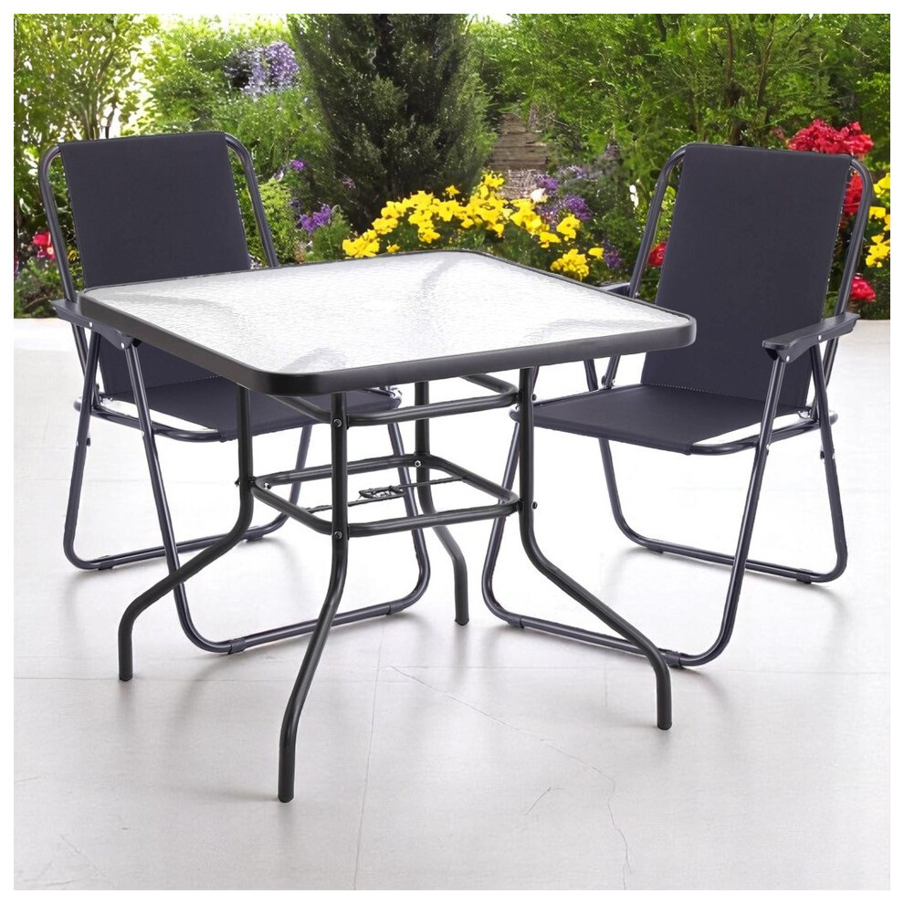 (Table + 2 Black Chairs) Garden Square Glass Table & Folding Chairs Set Metal Outdoor Patio Parasol Hole
