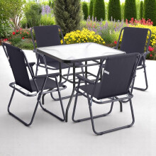 (Table + 4 Black Chairs) Garden Square Glass Table & Folding Chairs Set Metal Outdoor Patio Parasol Hole