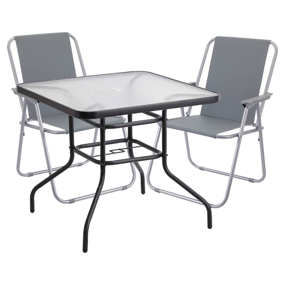 (Table + 2 Grey Chairs) Garden Square Glass Table & Folding Chairs Set Metal Outdoor Patio Parasol Hole