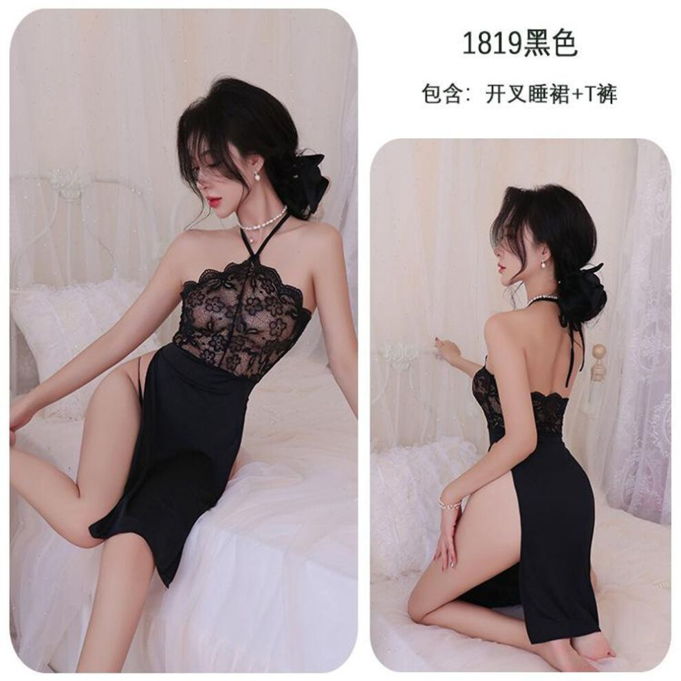 (black, One Size (80-65kg)) Sexy lace tube top perspective temptation pajamas sexy long dress neck strap nightdress