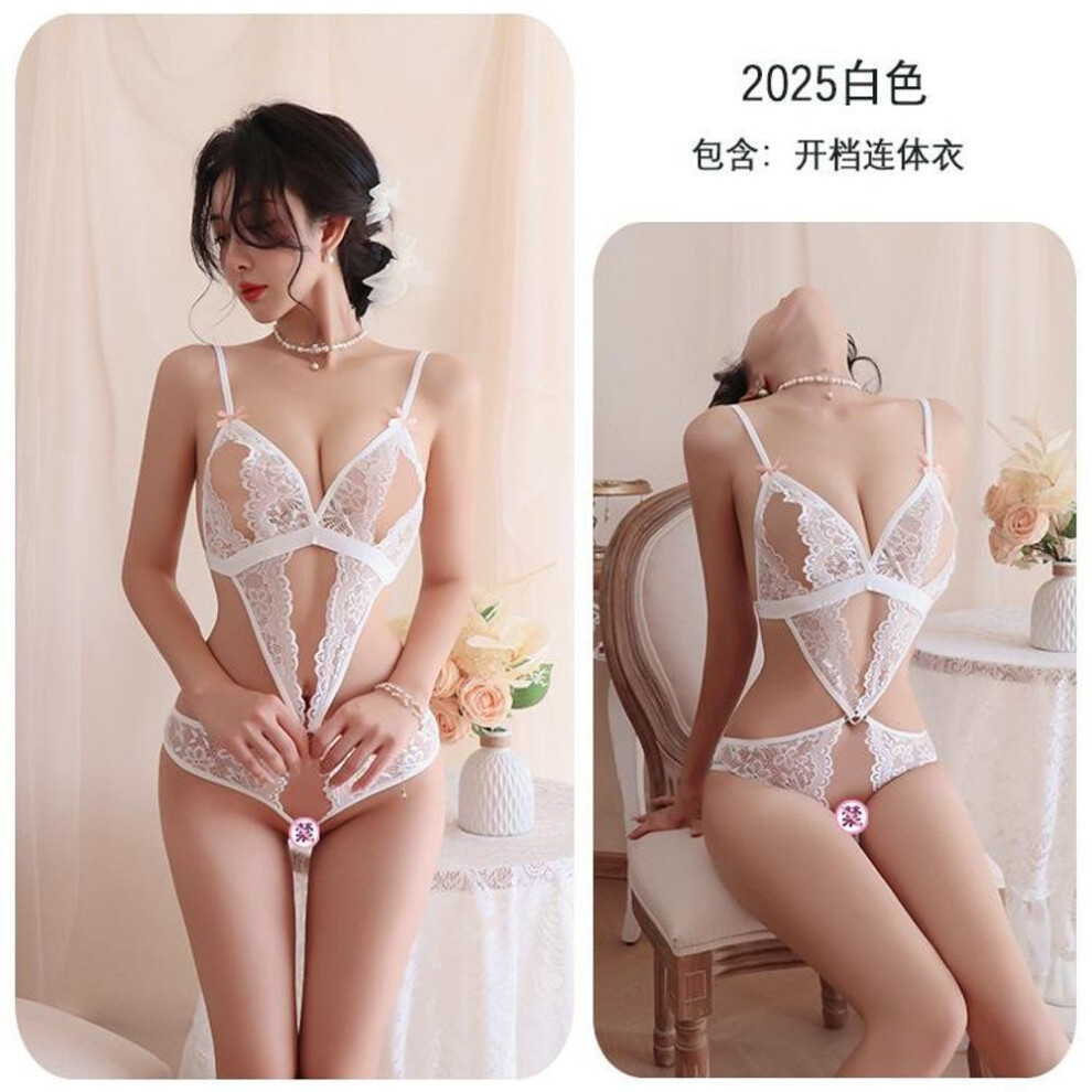 (white, One Size (80-65kg)) Sexy sexy lace seduction onesie women's transparent pajamas uniform suit