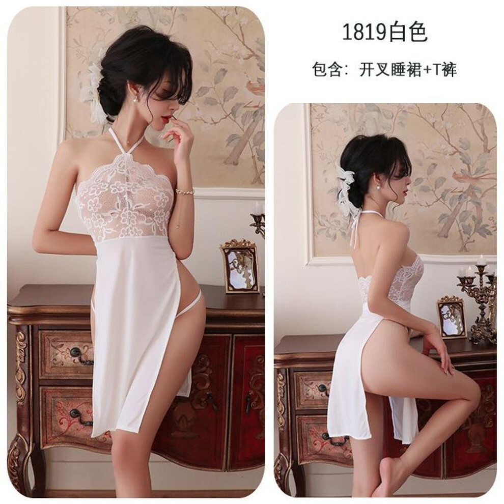(white, One Size (80-65kg)) Sexy lace tube top perspective temptation pajamas sexy long dress neck strap nightdress