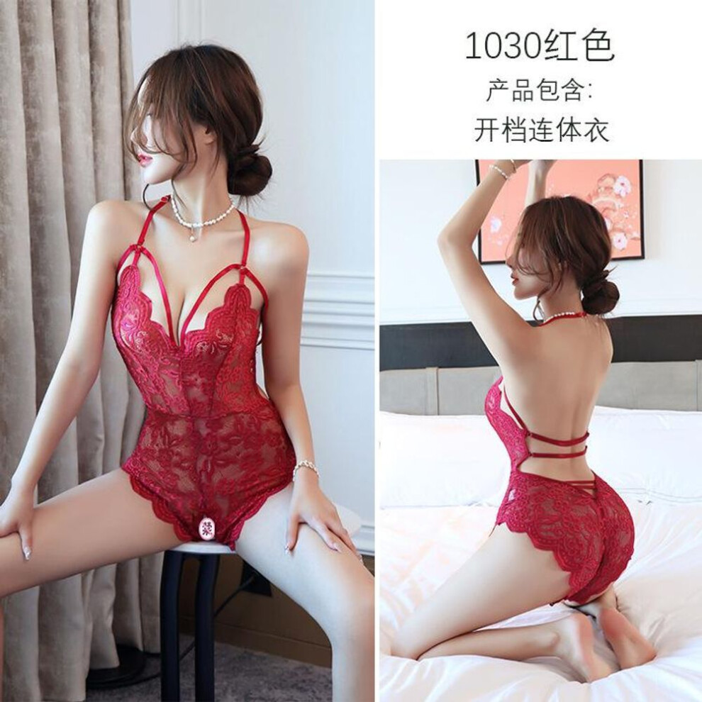 (red, One Size (80-60kg)) Sexy female sexy temptation suspender lace onesie free open gear uniform temptation