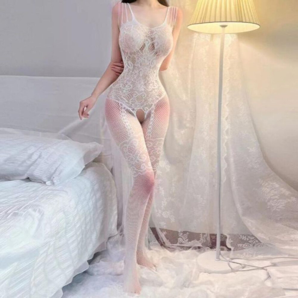 (white, one size) Ladies Lace Fishnet Stocking Sexy Hollow Catsuit Open Crotch Stockings Lingerie Bodysuit