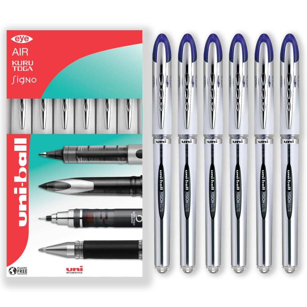 Vision Elite - 0.8mm Nib Medium Rollerball Pen - UB-200 - In Gift Box (Pack of 6, Blue)
