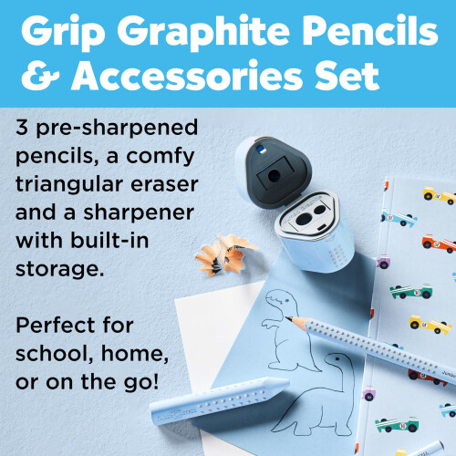 Faber-Castell Grip 580074 Pencil Set with Sharpener and Eraser 5-Piece Writing Set Sky Blue 1