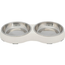 TRIXIE Set ciotole piatte in melamina e acciaio inox - 2 x 0,2 l - Ø 13 cm - 27 x 3 x 14 cm - Bianco - Per cane