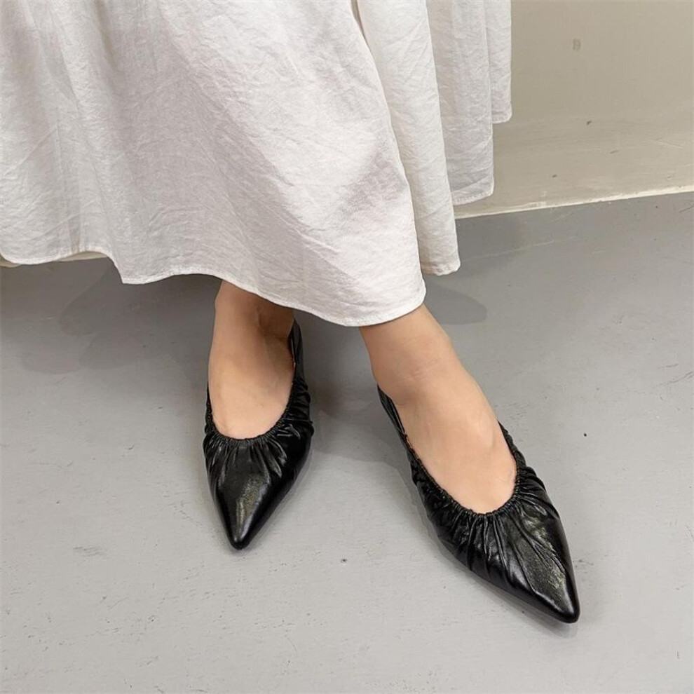 (black, 40) Johnature Wrinkled Cowhide Pointed Toe Temperament Women's Shoes Genuine Leather Soft Soled Versatile Flat Shoes