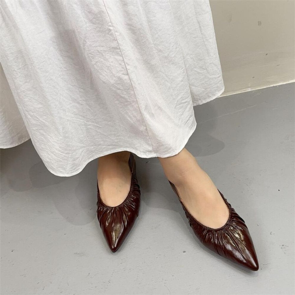 (coffee, 36) Johnature Wrinkled Cowhide Pointed Toe Temperament Women's Shoes Genuine Leather Soft Soled Versatile Flat Shoes
