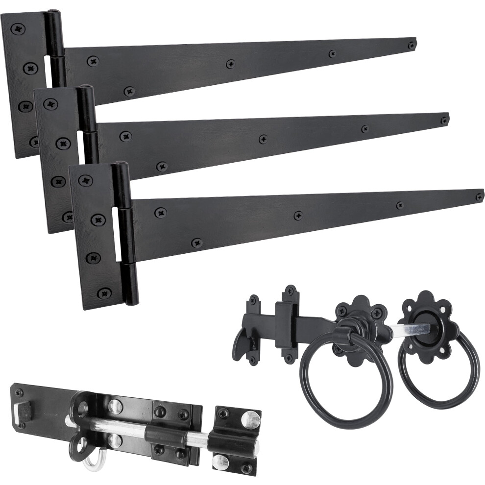 Irontite Black Gate Latch Kit With 450Mm (18") T Hinges And Brenton Bolt. Garden Gate Kit Includes Garden Gate Hinges For Wooden Gates, Brenton
