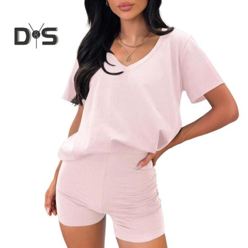 (pink, XL) 2 Pcs/Set Women T-shirt Shorts Set Suit V Neck Short Sleeves Solid Color Loose Top High Waist Mini Shorts Sport Outfit Casual Daily Tracksuit