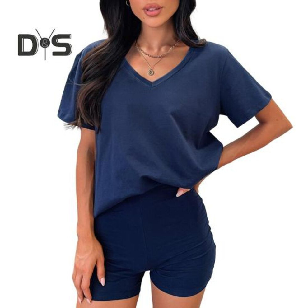 (navy blue, S) 2 Pcs/Set Women T-shirt Shorts Set Suit V Neck Short Sleeves Solid Color Loose Top High Waist Mini Shorts Sport Outfit Casual Daily Tracksuit