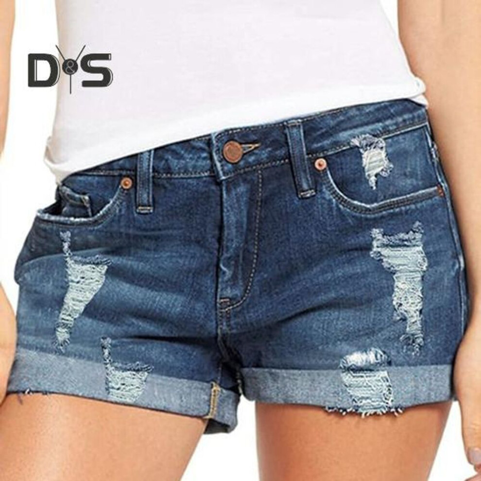 (dark blue, XL) Denim Shorts for Women Mid Rise Ripped Distressed Jean Shorts And Pockets Summer Casual Cuffed Hem Stretchy Denim Shorts