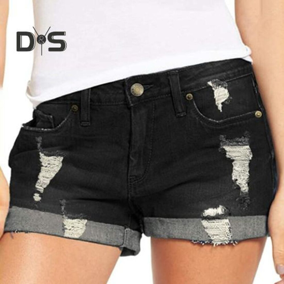 (black, L) Denim Shorts for Women Mid Rise Ripped Distressed Jean Shorts And Pockets Summer Casual Cuffed Hem Stretchy Denim Shorts