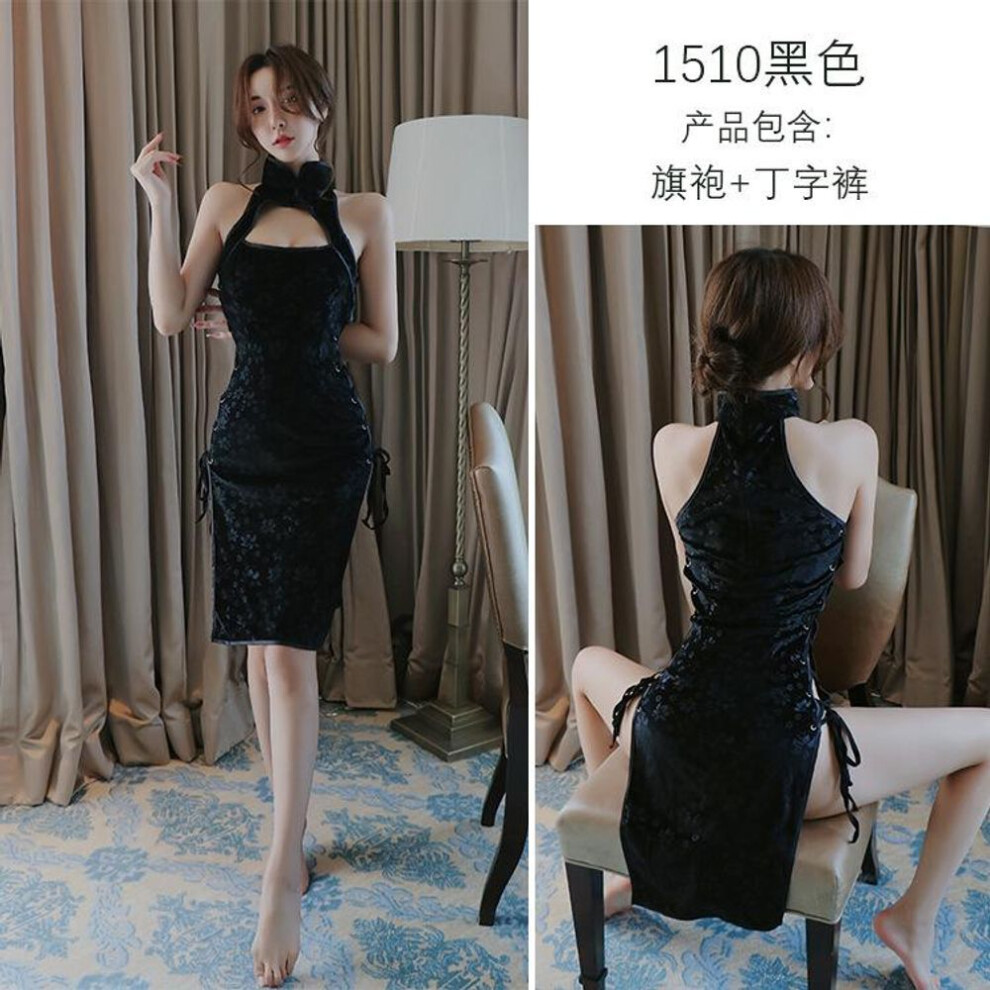 (black, One Size (80-60kg)) Sexy sexy straps seduction clothing Republic of China style split hollow cheongsam women