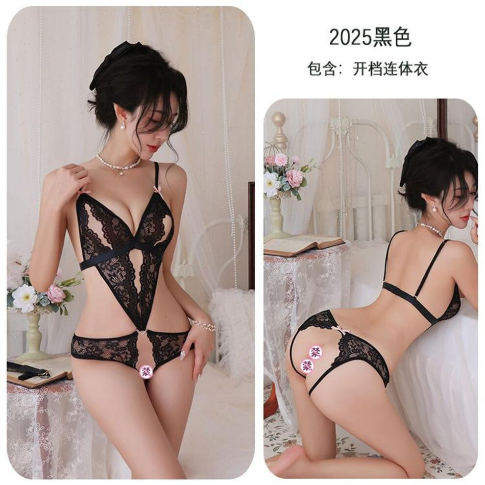 (black, One Size (80-65kg)) Sexy sexy lace seduction onesie three-point open uniform women's pajamas