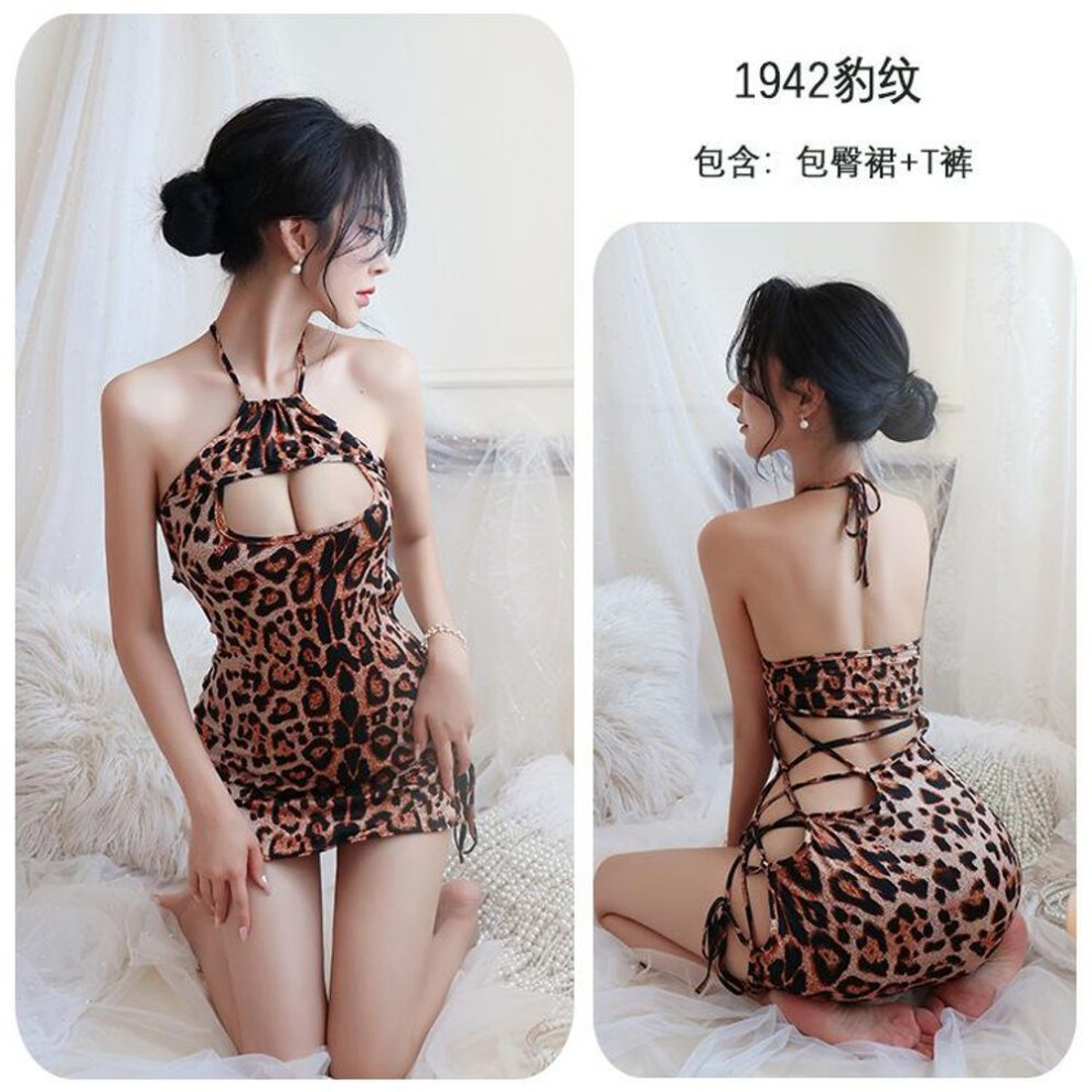 (leopard print, average size (80-62.5 kg)) Sexy Sexy Leopard Print Nightclub Cosplay Uniform Temptation Lace-up Hollow Pajamas