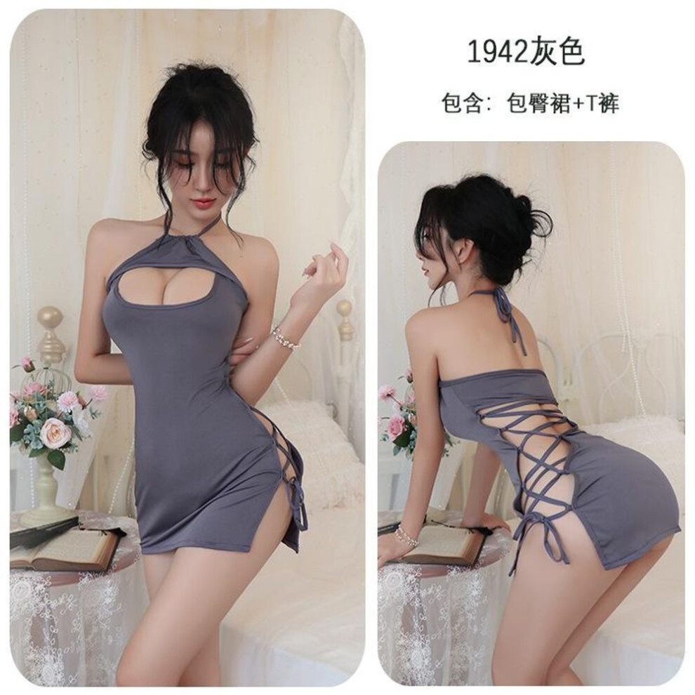(gray, average size (80-62.5 kg)) Sexy sexy leopard print nightclub cosplay uniform temptation lace-up hollow pajamas