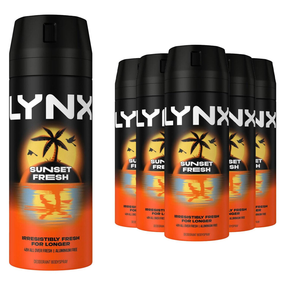 Sunset Fresh Aerosol Body Spray Men's Deodorant Spray with a mango & mandarin scent for long-lasting fragrance + 48-hour all-over freshness 6x 150 ml