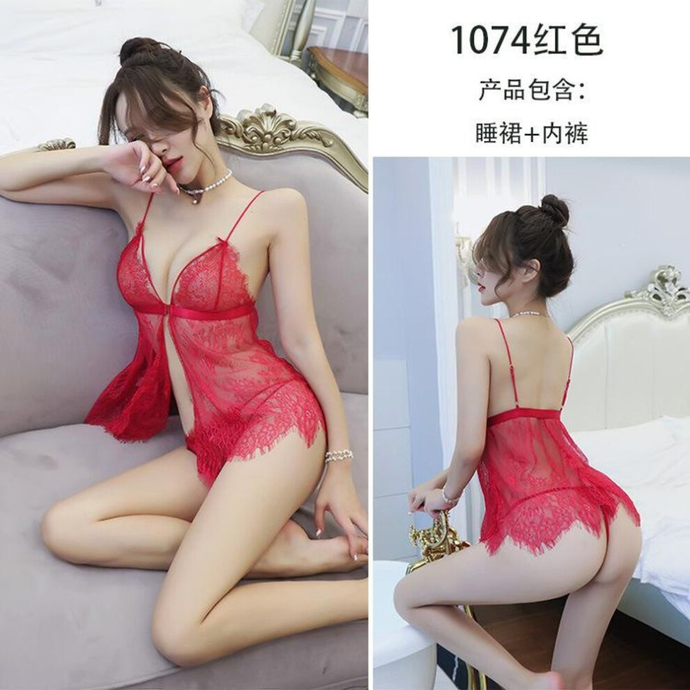 (One Size (80-62.5 kg), red) Sexy Sling Suspender Pajamas Front Buckle Open Eyelash Lace Hollow Seduction Set