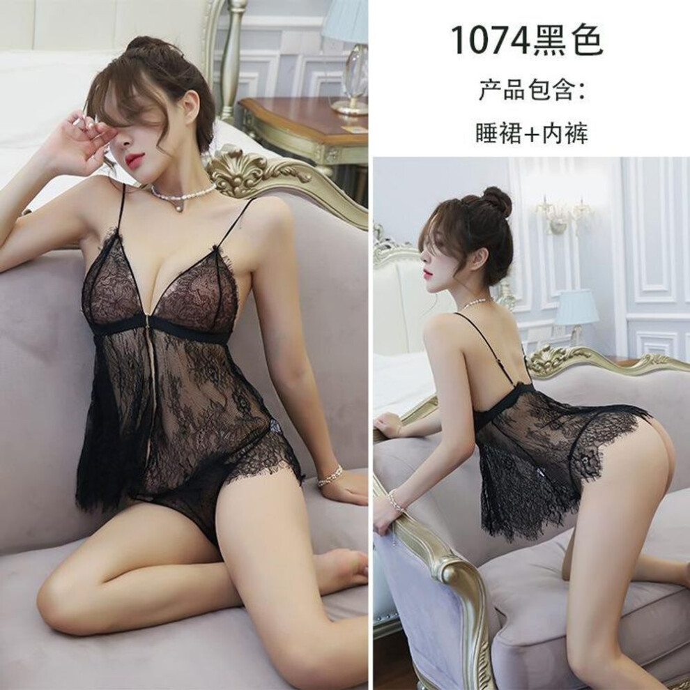 (One Size (80-62.5 kg), black) Sexy Sling Suspender Pajamas Front Buckle Open Eyelash Lace Hollow Seduction Set