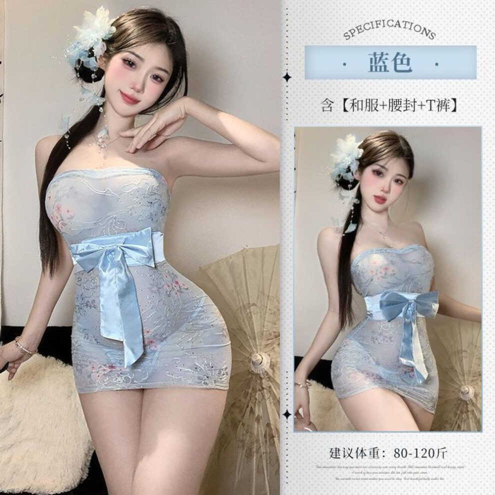 (blue, One Size (80-60kg)) Sex underwear pure desire printing perspective kimono sexy tube top hip nightdress uniform free pajamas set 7