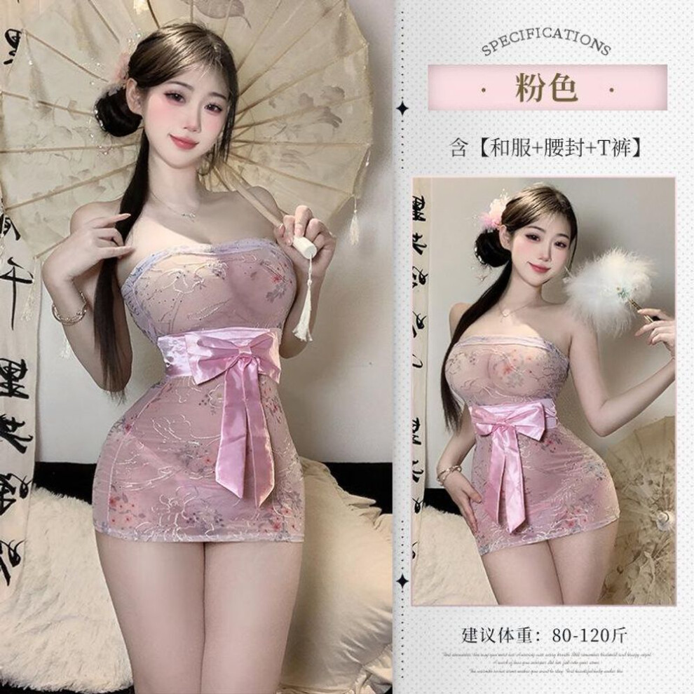(pink, One Size (80-60kg)) Sex underwear pure desire printing perspective kimono sexy tube top hip nightdress uniform free pajamas set 7