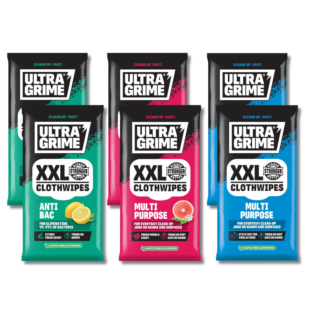 Ultragrime Household Clothwipes Bundle | Multi-Purpose Anti-Bac Cleaning Wipes Bulk Buy | 6 Packs Of 20 Clothwipes | 2X Multi-Purpose Pomelo, 2X Multi-Purpose - Image 2