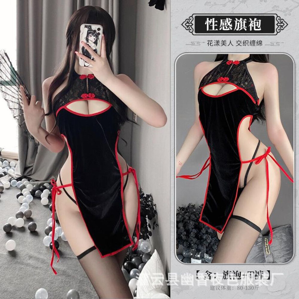(black, Average size) Sexy, retro Republic of China style velvet elegant cheongsam passionate and sexy side split uniform temptation