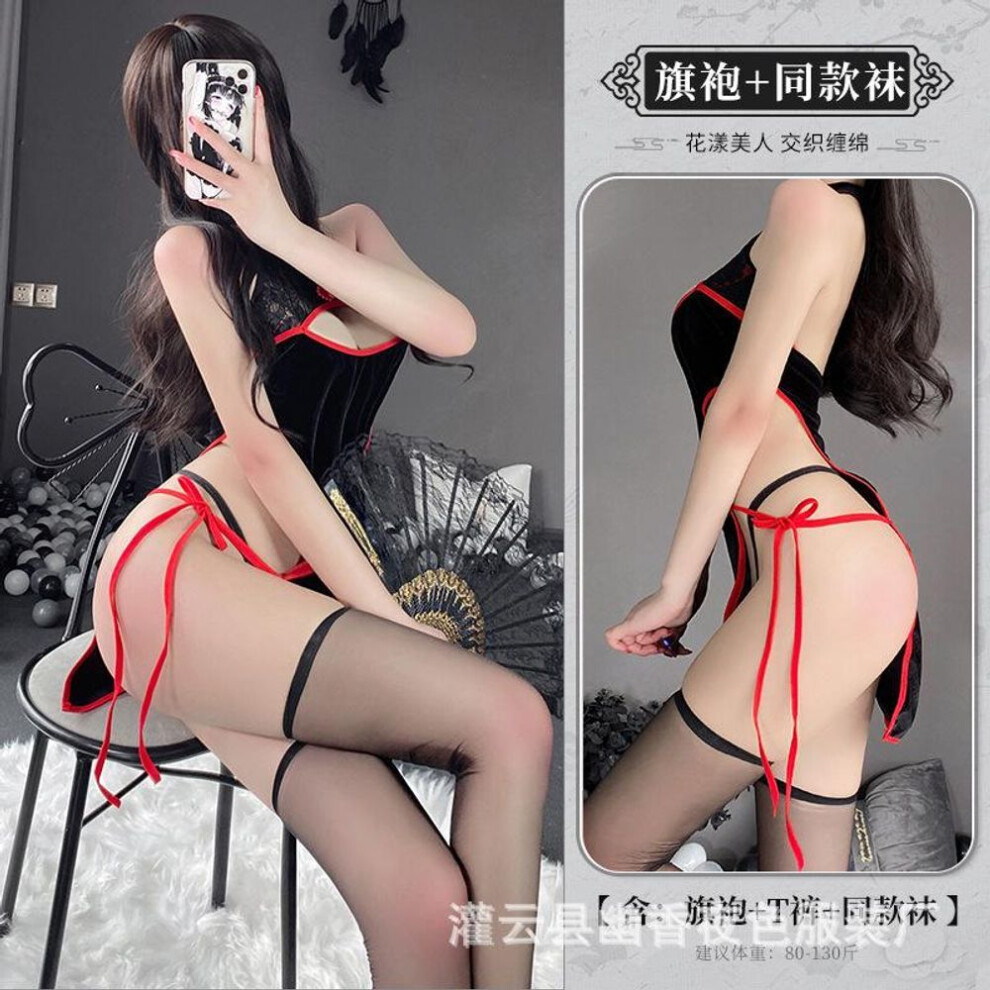 (as the picture, Average size) Sexy, retro Republic of China style velvet elegant cheongsam passionate and sexy side split uniform temptation