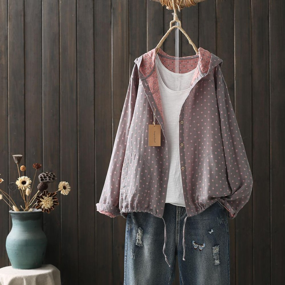 (One Size, pink) Large size blouses for women autumn spring hooded long sleeve single-breasted shirts adjustable women's clothing