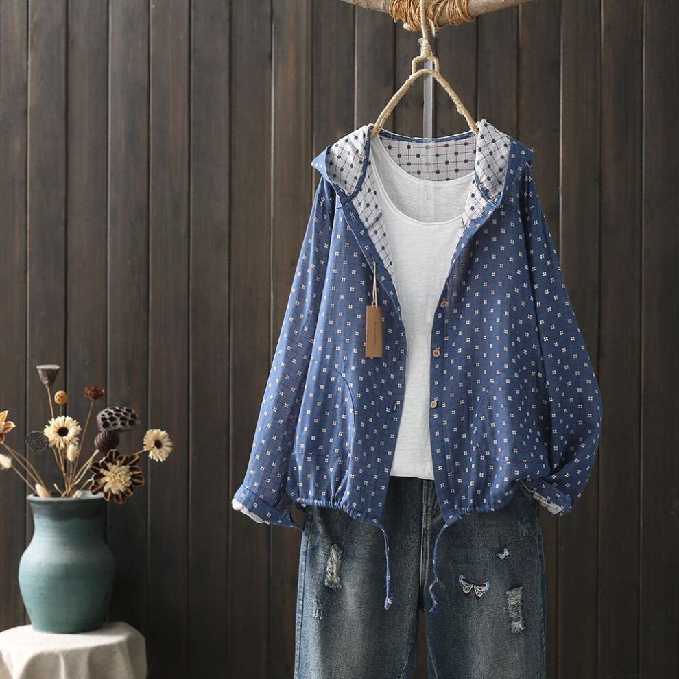 (One Size, blue) Large size blouses for women autumn spring hooded long sleeve single-breasted shirts adjustable women's clothing