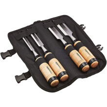 - 4-Piece Sturdy Chrome Vanadium Steel Woodworking Wood Chisel Set – 1/2 inch (13mm) to 1-1/4 inch (32mm), Wooden Handles with Carry Pouch