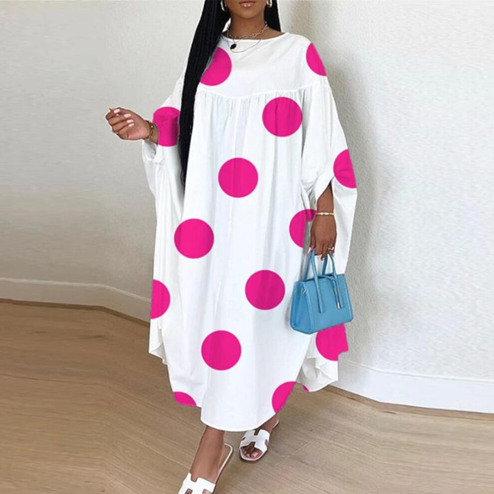 (dark pink, XL) Women Plus Size Elegant Round Neck 3/4 Sleeve Polka Dot Dresses