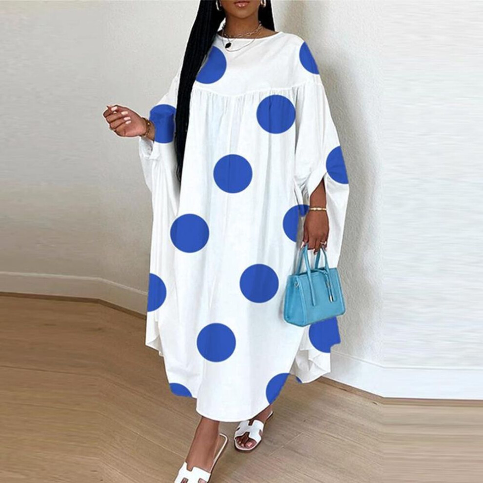 (blue, 3XL) Women Plus Size Elegant Round Neck 3/4 Sleeve Polka Dot Dresses
