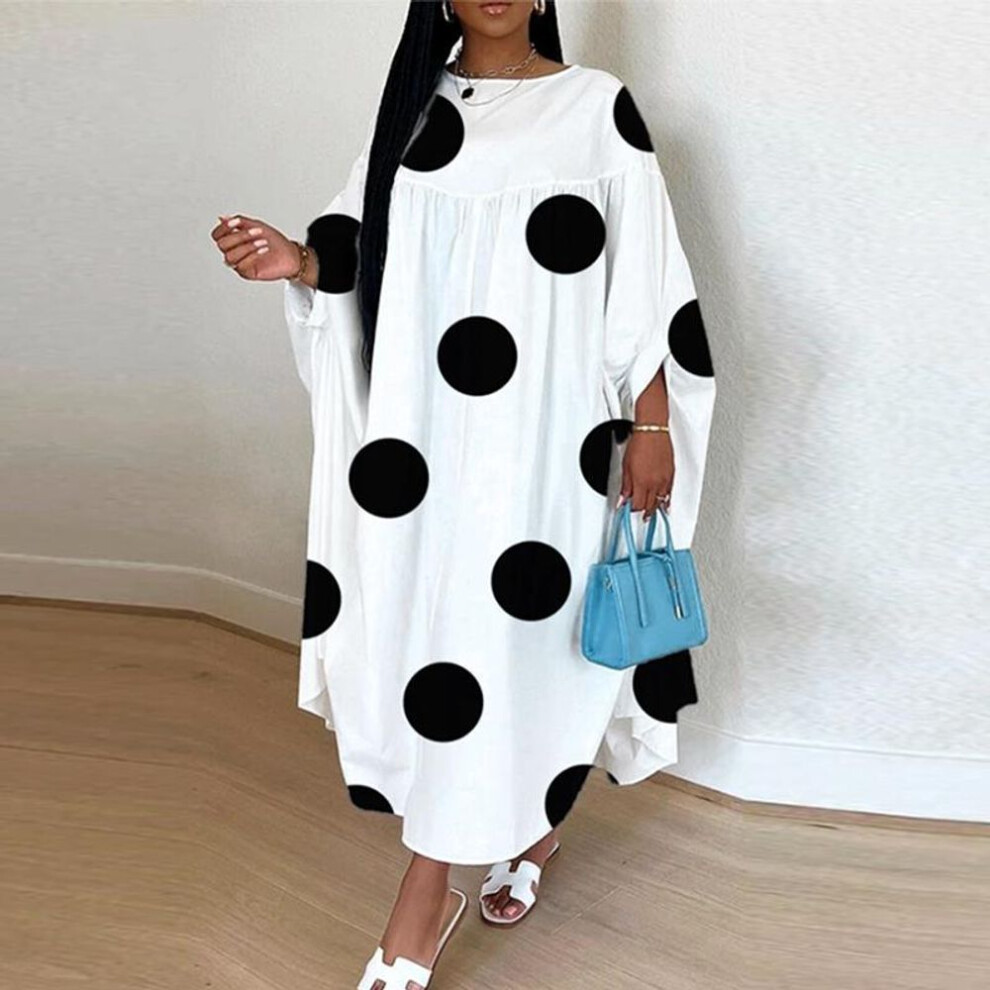 (black, L) Women Plus Size Elegant Round Neck 3/4 Sleeve Polka Dot Dresses