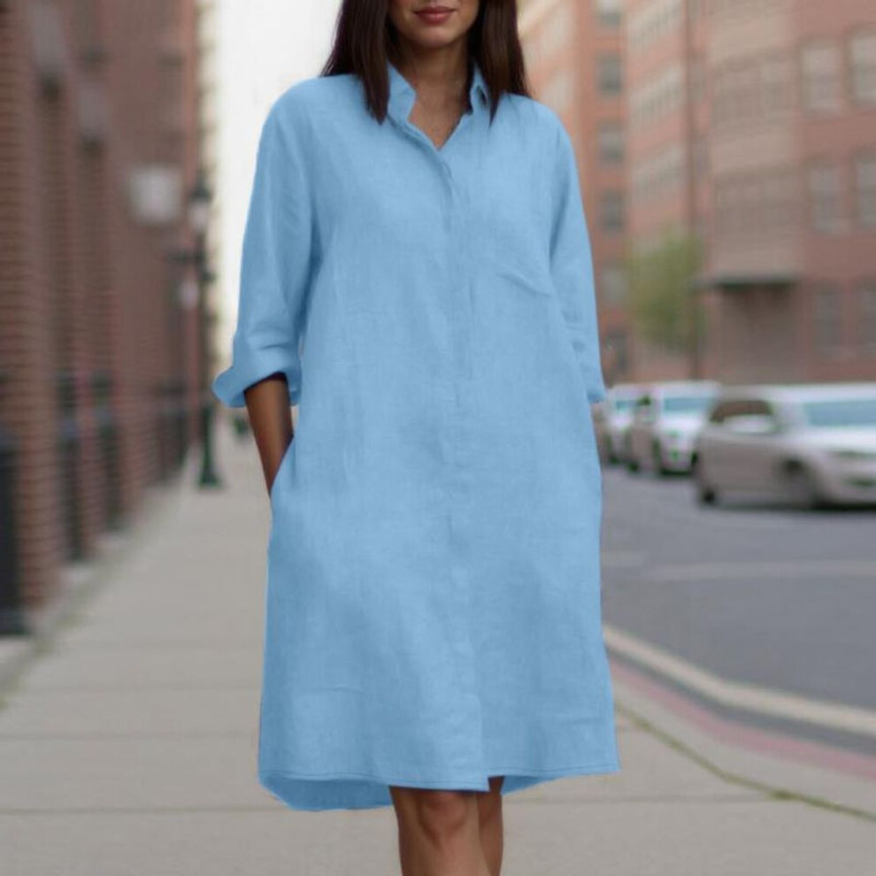 (blue, 4XL) ZANZEA Women Turn Down Collar 3/4 Sleeve Loose Casual Plain Shirt Dress