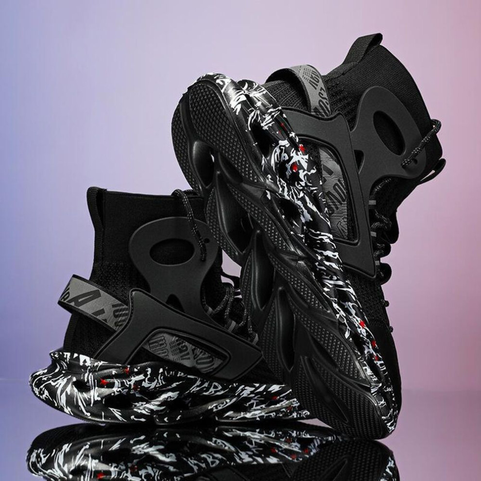 (black, 39) 2025 Men's High-Top Elastic Woven Graffiti Sports Shoes with 3D Camouflage Design
