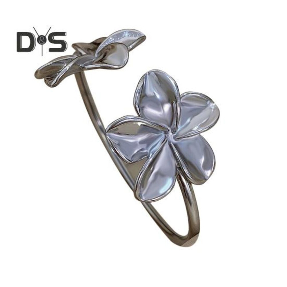 (silver) Flower Cuff Bracelets for Women Double Flower Open Bangle Bracelet Adjustable Metal Bracelets Wedding Party Jewelry