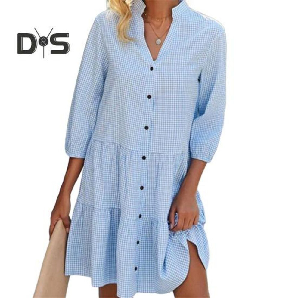 (blue, XL) Button Down Shirt Dress For Women Casual Half Sleeve V-neck Stripe Dress Flowy A-line Midi Dress For Summer Beach Vacation