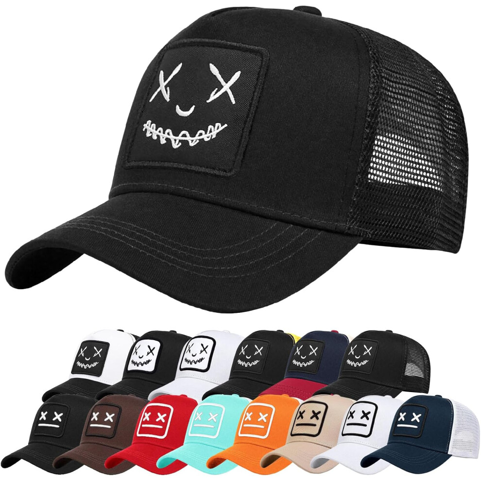 (Black) Baseball Cap Mens Quirky Bizarre Embroidery Hats Unisex, Hip Hop Trucker Caps Adjustable Mesh Back UPF 50 UV Protection Summer Sun Hat Sports Cap