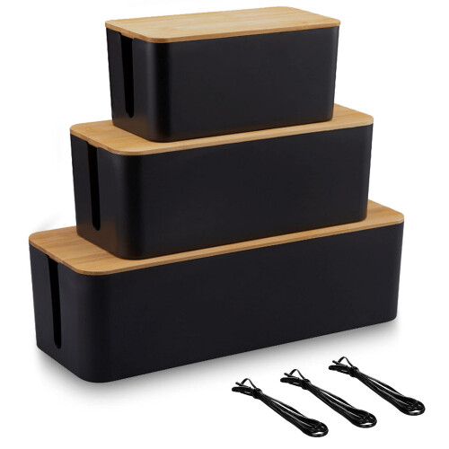 EVADOW Set Of 3 Cable Management Box With Bamboo Lid, Black - View #8