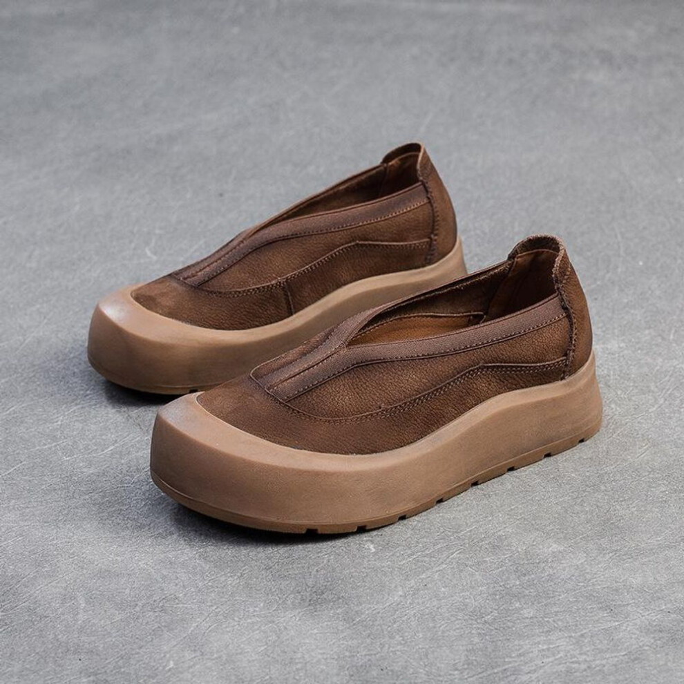 (brown, 36) Johnature Genuine Leather Thick Soled Round Toe Loafers Retro Comfortable Women's Flat Platform Shoes