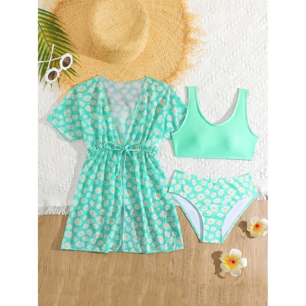 (green, 120) Girls' Fashion 3 Pieces Swimwear Set Floral Printed Tank Top Short Sleeves Lace Up Cover-up Swimsuit  Bathing Suit