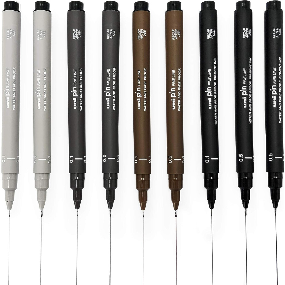 Uni Pin Fineliner Drawing Pen - Sketching Set - Black, Dark Grey, Light Grey, Sepia - 0.1/0.5mm - Set of 9