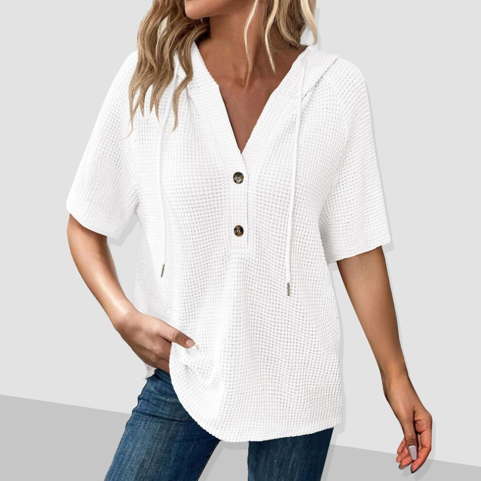(XXL, white) Women's Fashion Short Sleeve Hooded Button V-Neck Casual Hooded Sweatshirt Top