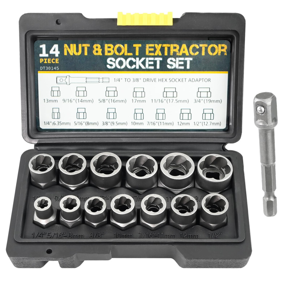14 Pcs Bolt Extractor Set, Impact Bolt & Stripped Lug Nut Remover Socket Tool, Nut & Bolt Grip Extractor Socket, Extraction Socket Set For Damaged 755225651789