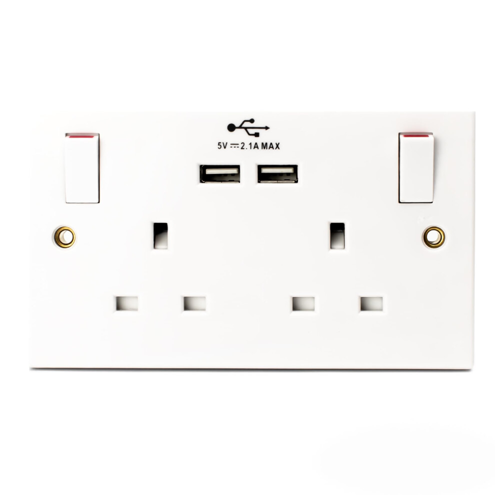 Plug Socket UK | Double Socket with Double USB Plug | White Plastic | 13A Double Switched Wall Socket | S2G13A2USBSWS4