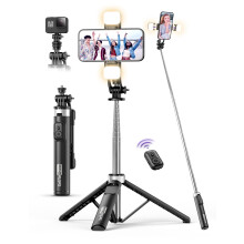 53'' Selfie Stick Tripod with Light, Extendable Selfie Stick with Remote, Portable Cell Phone Tripod Stand with All in 1 Phone Clip, Lightweight