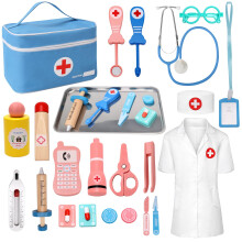 Doctors Set for Kids, Wooden Kids Doctors Kit with Doctor Costume, Real Stethoscope, Portable Doctors Bag and Wooden Syringe, Pretend Role Play Toys